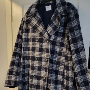 Old Navy XXL Tall Navy Plaid Long Wool Blend Peacoat
